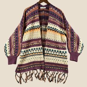 Knit Mix Cardigan Women S Purple Geometric Fringe Boho Open Front Sweater Wrap